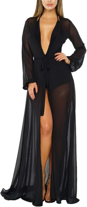 Women's Sexy Thin Mesh Long Sleeve Tie Front Swimsuit Swim Beach Maxi Cover Up Dress