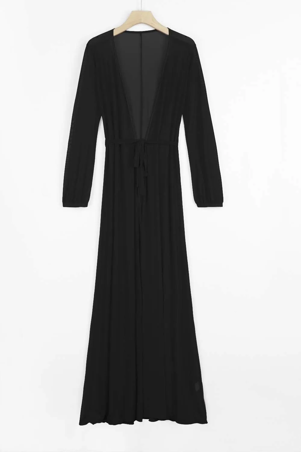 Women's Sexy Thin Mesh Long Sleeve Tie Front Swimsuit Swim Beach Maxi Cover Up Dress