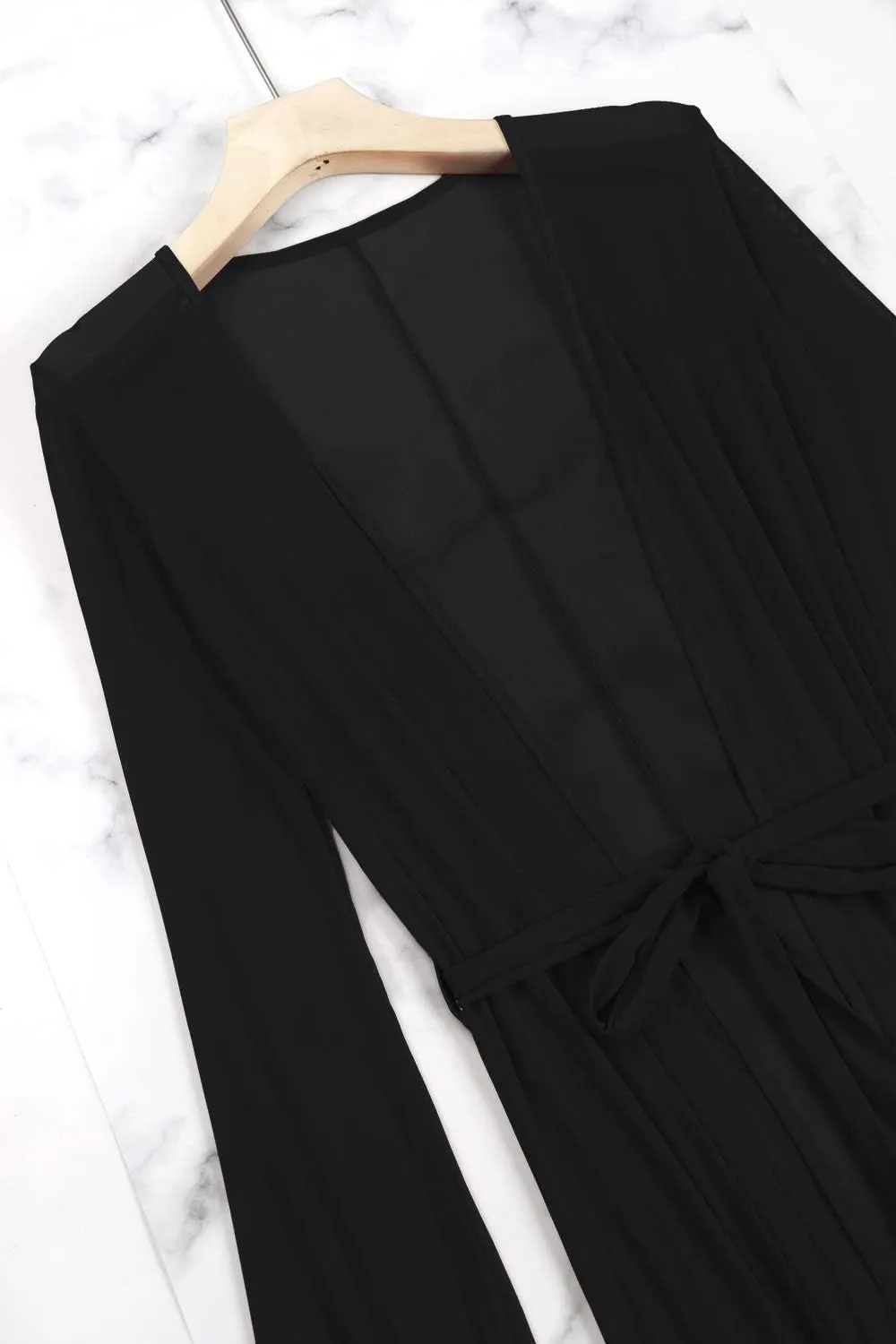 Women's Sexy Thin Mesh Long Sleeve Tie Front Swimsuit Swim Beach Maxi Cover Up Dress