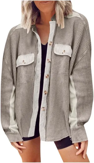 Womens Waffle Knit Shacket Jacket Casual Oversized Long Sleeve Button Down Shirts Fall Outfits 2023 Fashion Clothes
