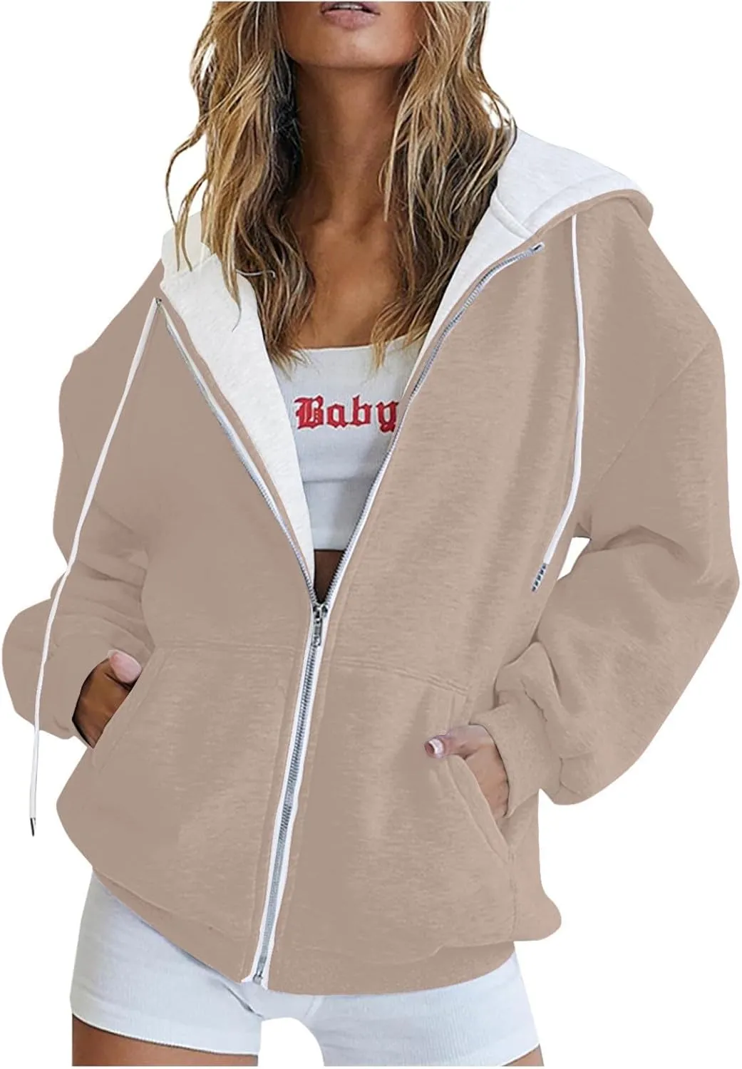 Womens Zip Up Hoodies Casual Oversized Fleece Sweatshirts Long Sleeve Jacket with Pockets 2024 Fall Sweatshirts