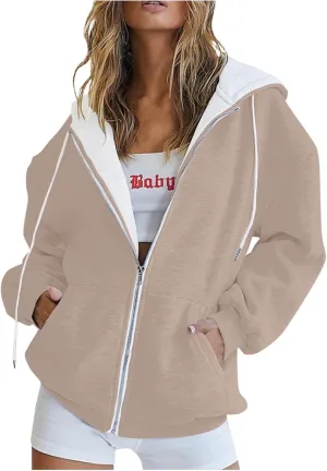 Womens Zip Up Hoodies Casual Oversized Fleece Sweatshirts Long Sleeve Jacket with Pockets 2024 Fall Sweatshirts