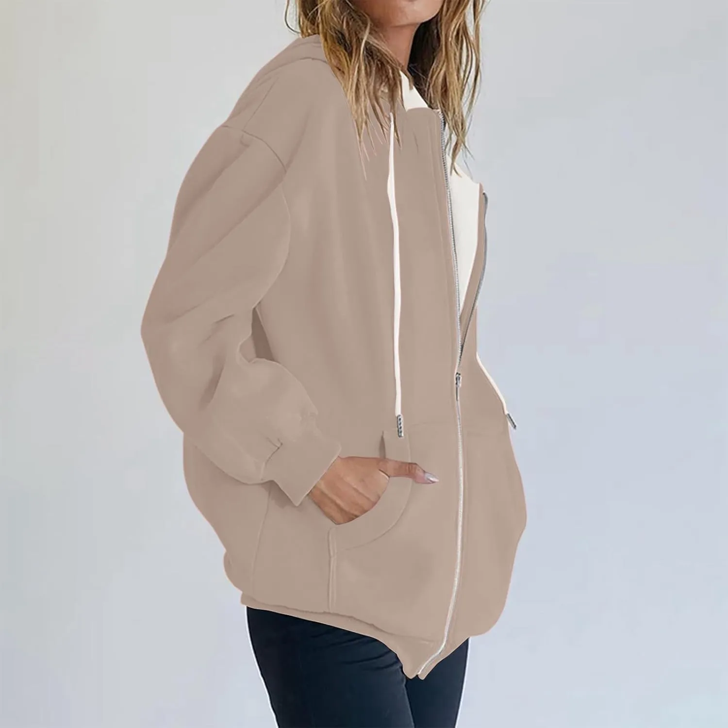 Womens Zip Up Hoodies Casual Oversized Fleece Sweatshirts Long Sleeve Jacket with Pockets 2024 Fall Sweatshirts