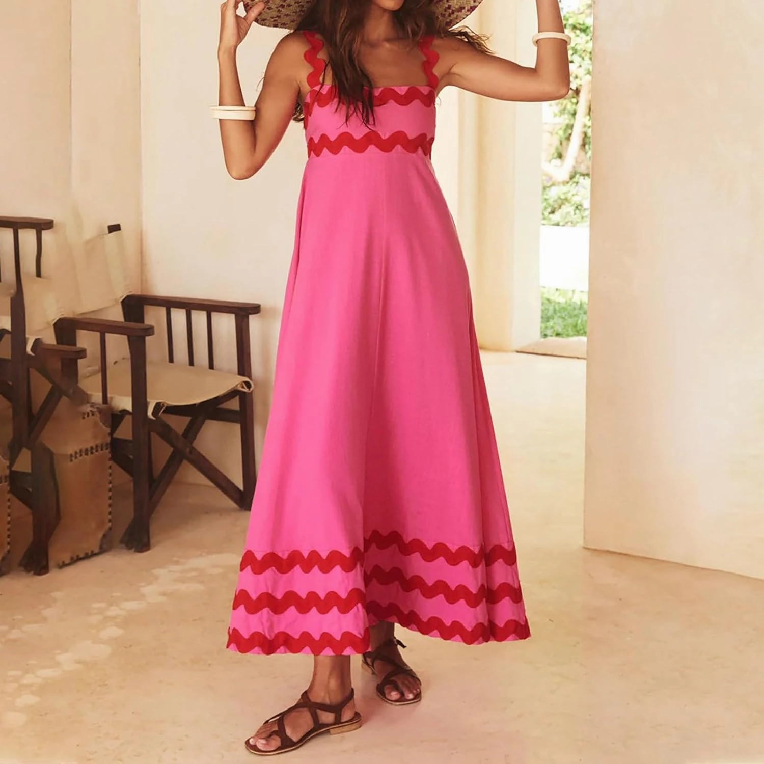Womens Spaghetti Strap Sleeveless Rickrack Trim Dress Summer Casual Comfy A-Line Maxi Dress Vocation Flowy Long Dress