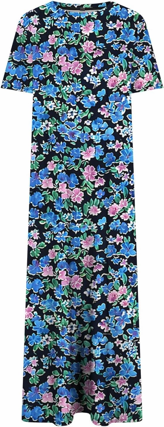 Womens Summer Dresses Casual Boho Floral Print Short Sleeve Midi Sundress Loose Fit Fashion Dress with Pockets