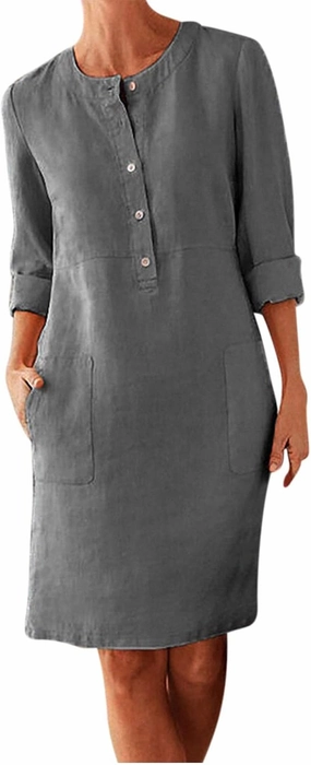 Womens Summer Dresses Plus Size Casual Cotton Linen Long Sleeve Mini Sundress Button Loose Fit Dress with Pockets
