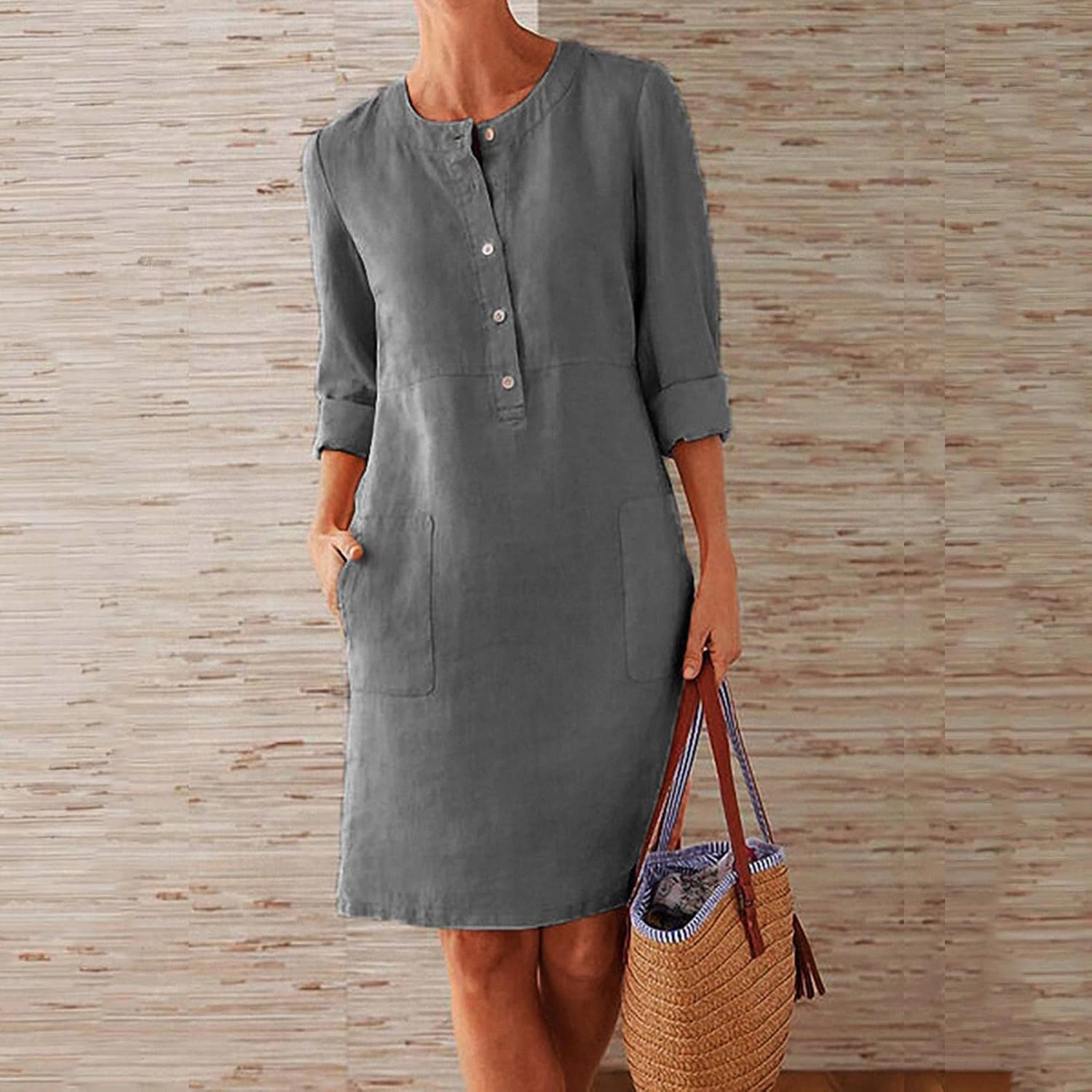 Womens Summer Dresses Plus Size Casual Cotton Linen Long Sleeve Mini Sundress Button Loose Fit Dress with Pockets