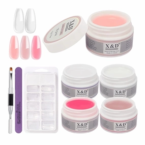 X&D Gel Nail Polish Kit Polygel Quick Dry Natural Clear 5 Colors Nail Extension with Dual Forms, Brush, File Set