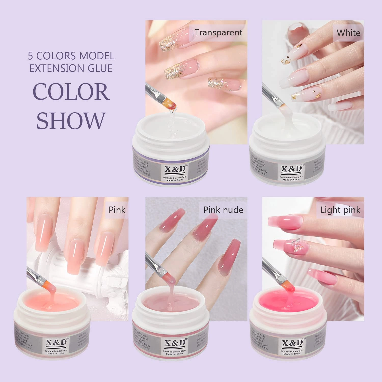 X&D Gel Nail Polish Kit Polygel Quick Dry Natural Clear 5 Colors Nail Extension with Dual Forms, Brush, File Set