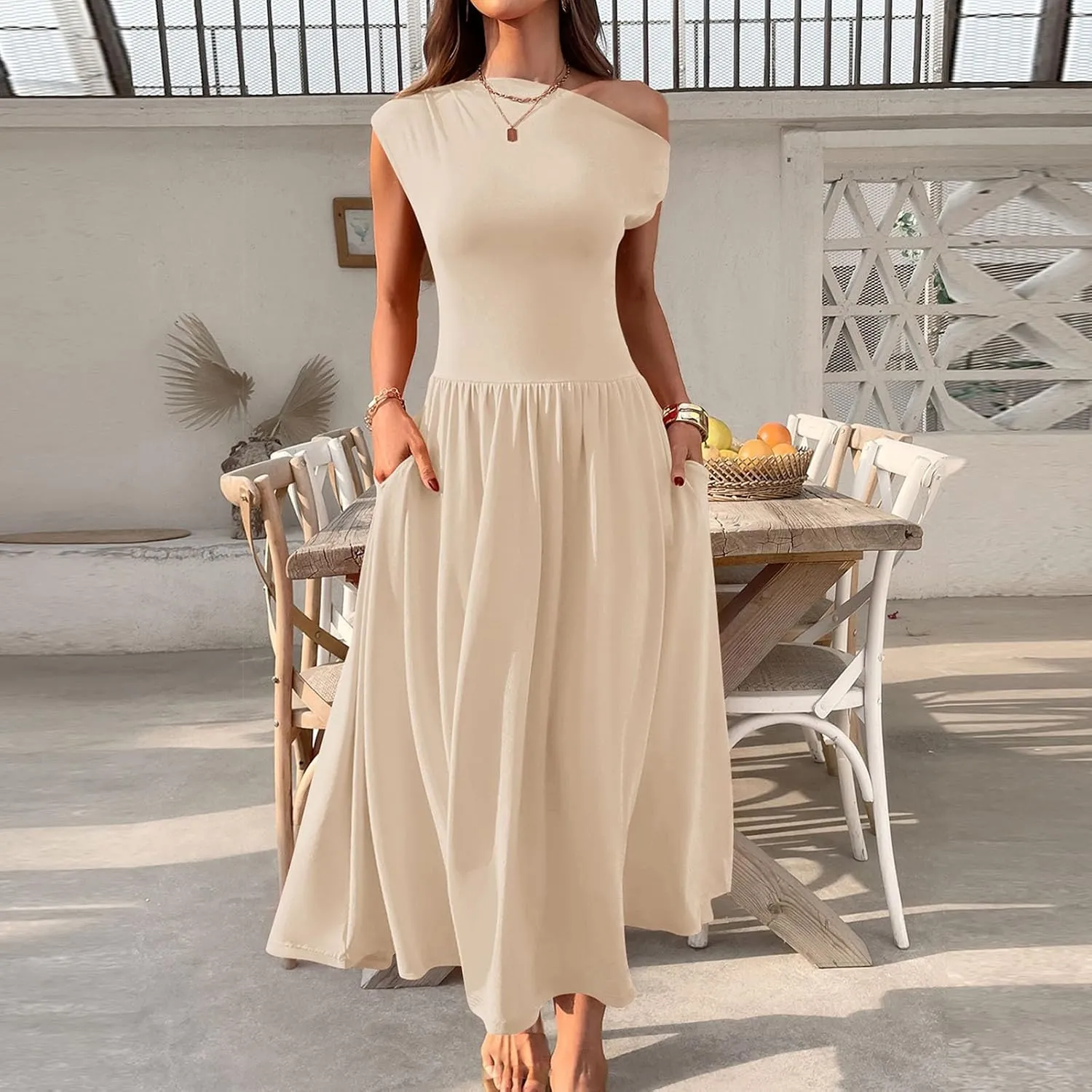 Xiaojmake Womens Summer Sleeveless Maxi Dress 2025 One Shoulder Ruched Casual Slim Swing Pleated Formal Dresses with Pockets