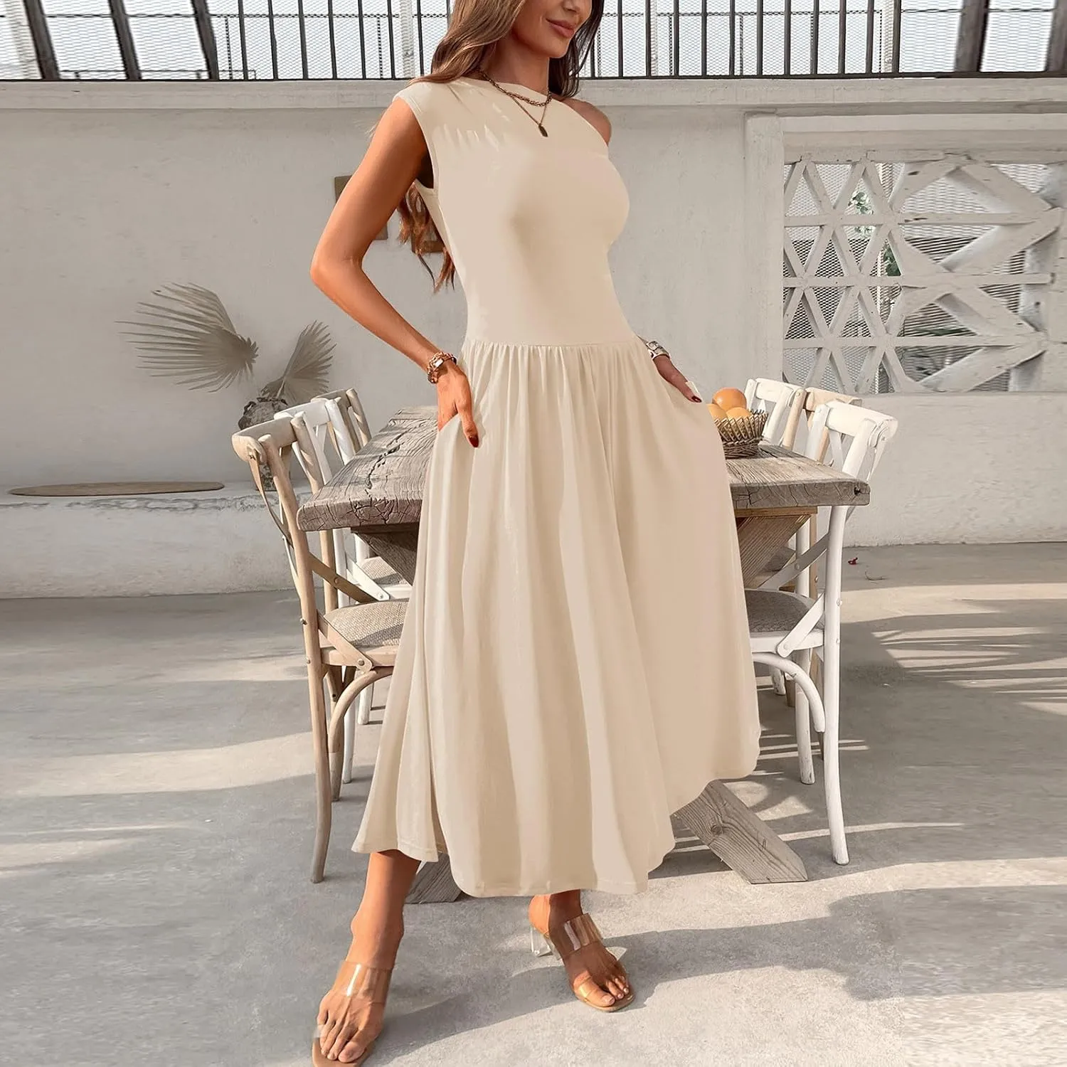 Xiaojmake Womens Summer Sleeveless Maxi Dress 2025 One Shoulder Ruched Casual Slim Swing Pleated Formal Dresses with Pockets