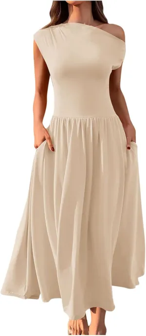Xiaojmake Womens Summer Sleeveless Maxi Dress 2025 One Shoulder Ruched Casual Slim Swing Pleated Formal Dresses with Pockets