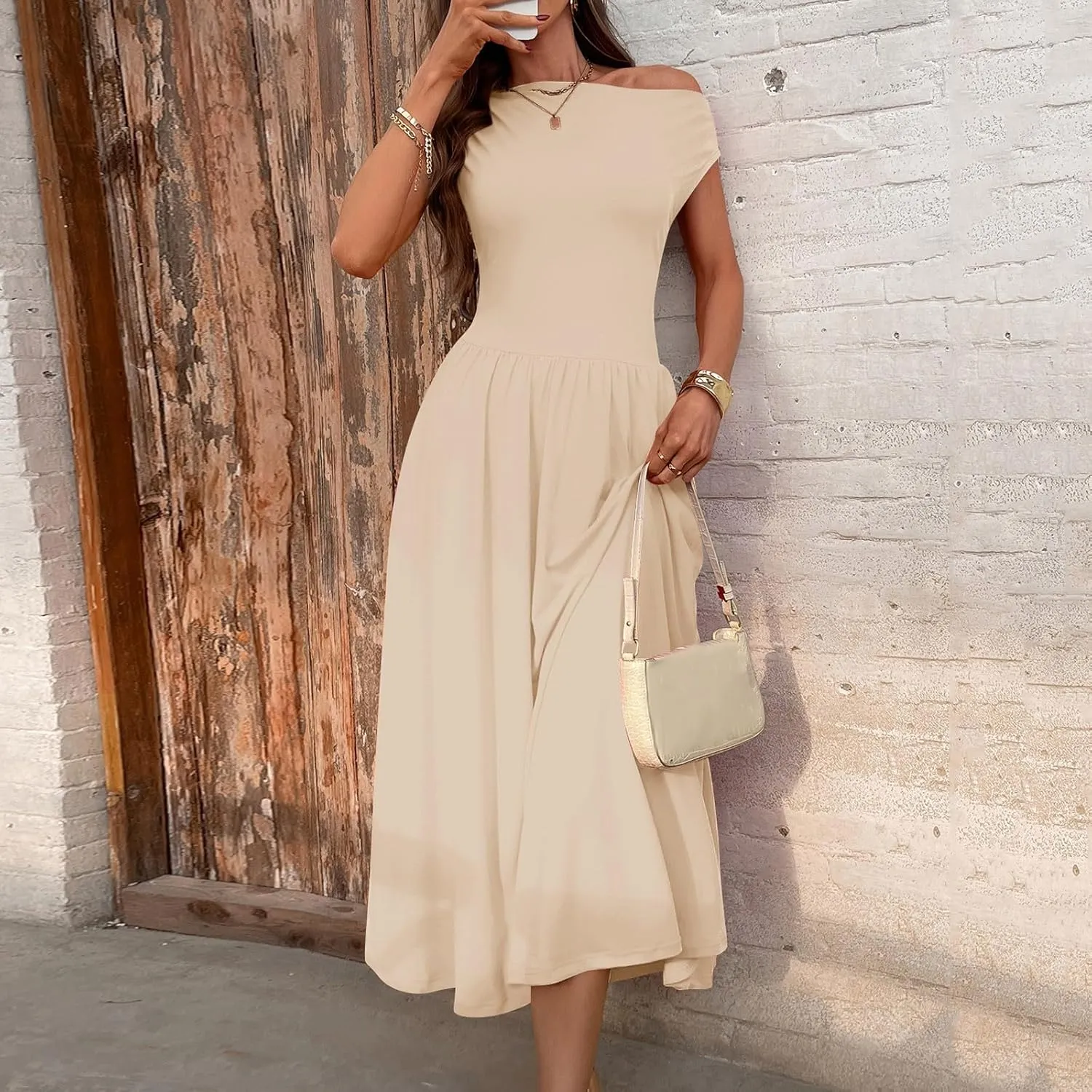 Xiaojmake Womens Summer Sleeveless Maxi Dress 2025 One Shoulder Ruched Casual Slim Swing Pleated Formal Dresses with Pockets