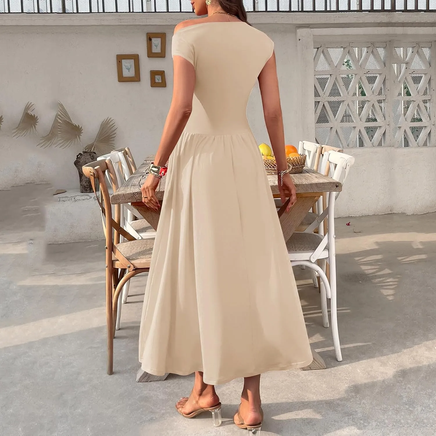 Xiaojmake Womens Summer Sleeveless Maxi Dress 2025 One Shoulder Ruched Casual Slim Swing Pleated Formal Dresses with Pockets