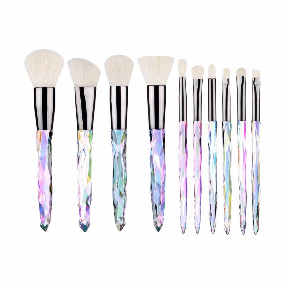 XMJKCHA Makeup Brush Set, 10 Piece Makeup Brush Crystal Handle, Advanced Rainbow Color Makeup Brush Set Foundation Mix Eyeshadow Blush Concealer Transparent Handle(Multicolored1)