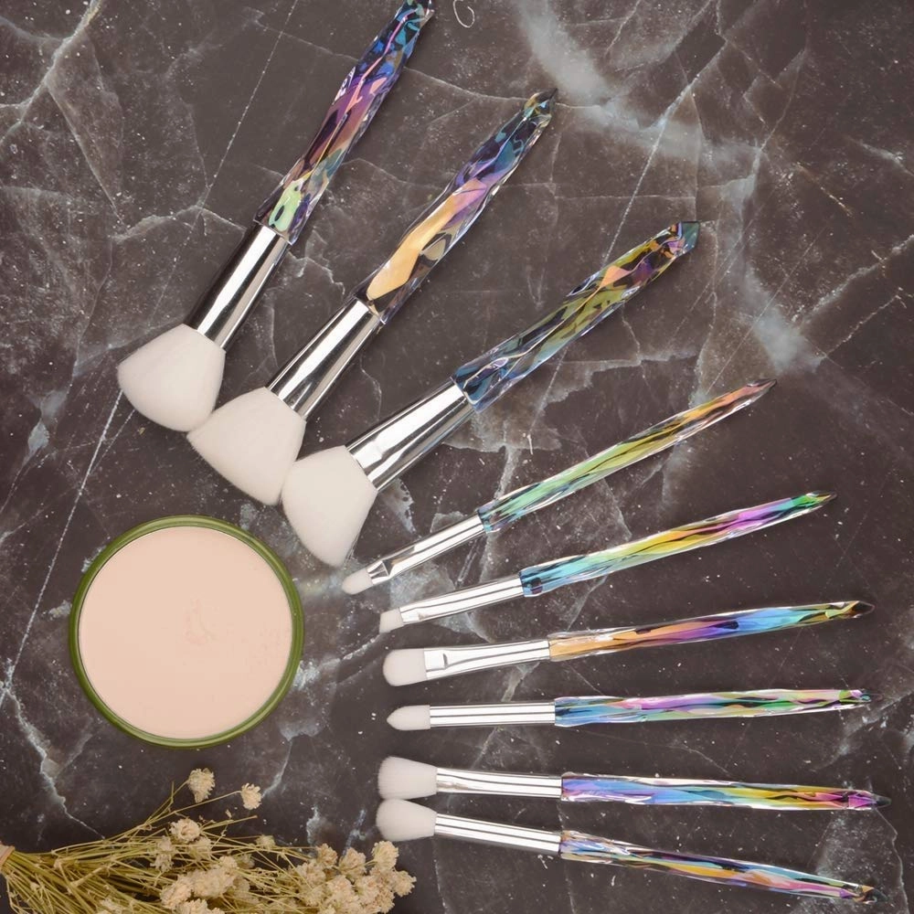 XMJKCHA Makeup Brush Set, 10 Piece Makeup Brush Crystal Handle, Advanced Rainbow Color Makeup Brush Set Foundation Mix Eyeshadow Blush Concealer Transparent Handle(Multicolored1)