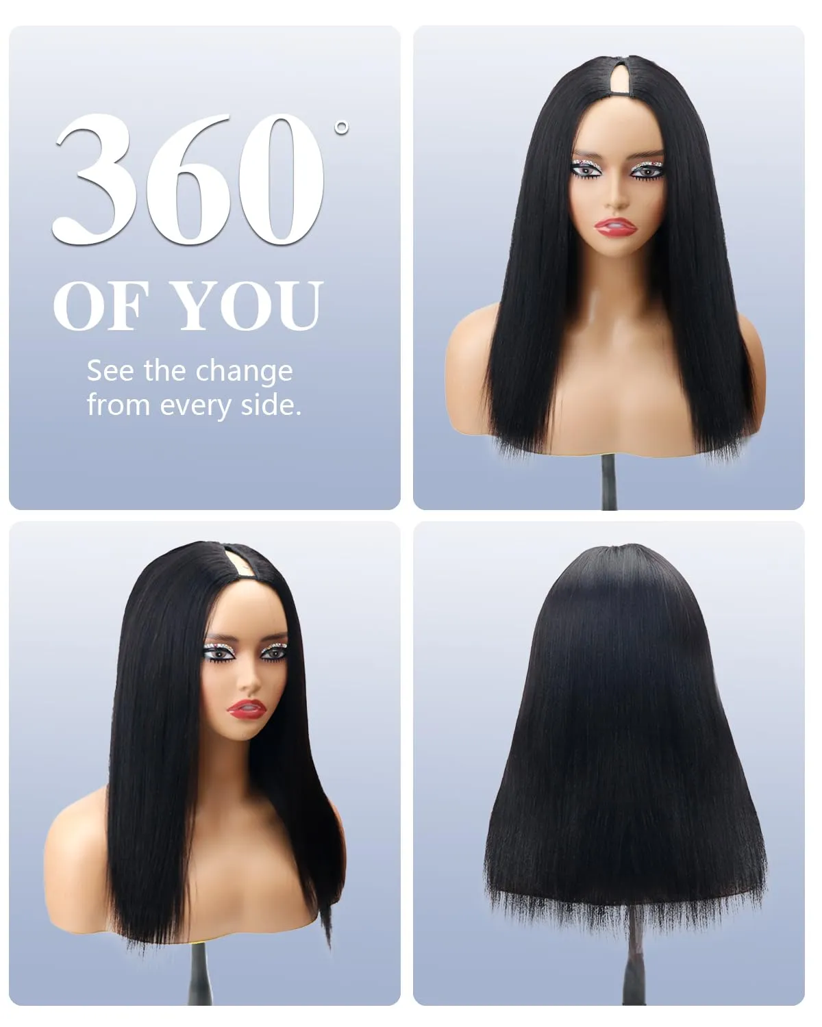 Yaki Straight V Part Wigs Human Hair with Drawstring 220% Density Upgrade U Part Wigs Brazilian Human Hair Wigs 9A 270g 22inch #1B Natural Black