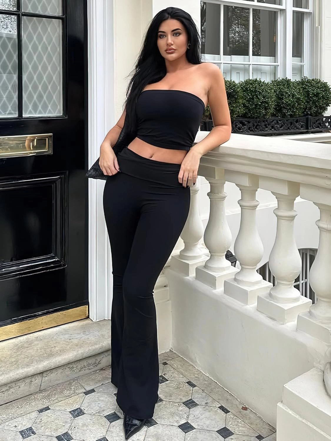 YEOREO Romola Women Yoga Pants Flare Leggings with Tummy Control High Waist Fold Over Bootcut Wide Legs Workout Legging