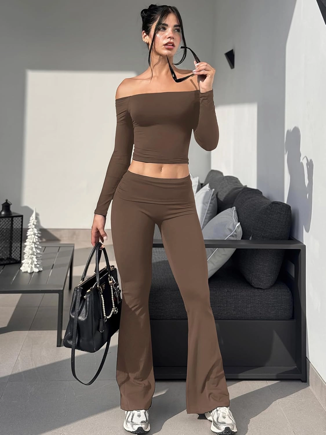 YEOREO Romola Women Yoga Pants Flare Leggings with Tummy Control High Waist Fold Over Bootcut Wide Legs Workout Legging
