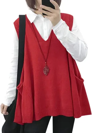 YESNO Sweater Vest Women Loose Swing Cotton Cute Oversized Knit Pullover Sleeveless Sweater Tops with Drop Pockets WM9