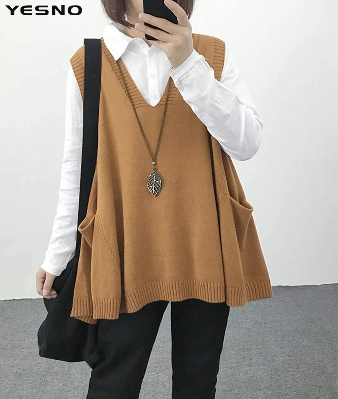 YESNO Sweater Vest Women Loose Swing Cotton Cute Oversized Knit Pullover Sleeveless Sweater Tops with Drop Pockets WM9