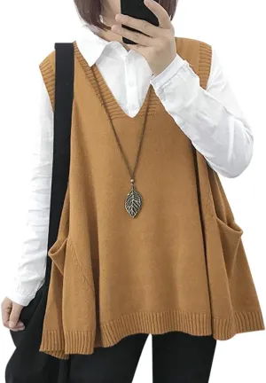 YESNO Sweater Vest Women Loose Swing Cotton Cute Oversized Knit Pullover Sleeveless Sweater Tops with Drop Pockets WM9
