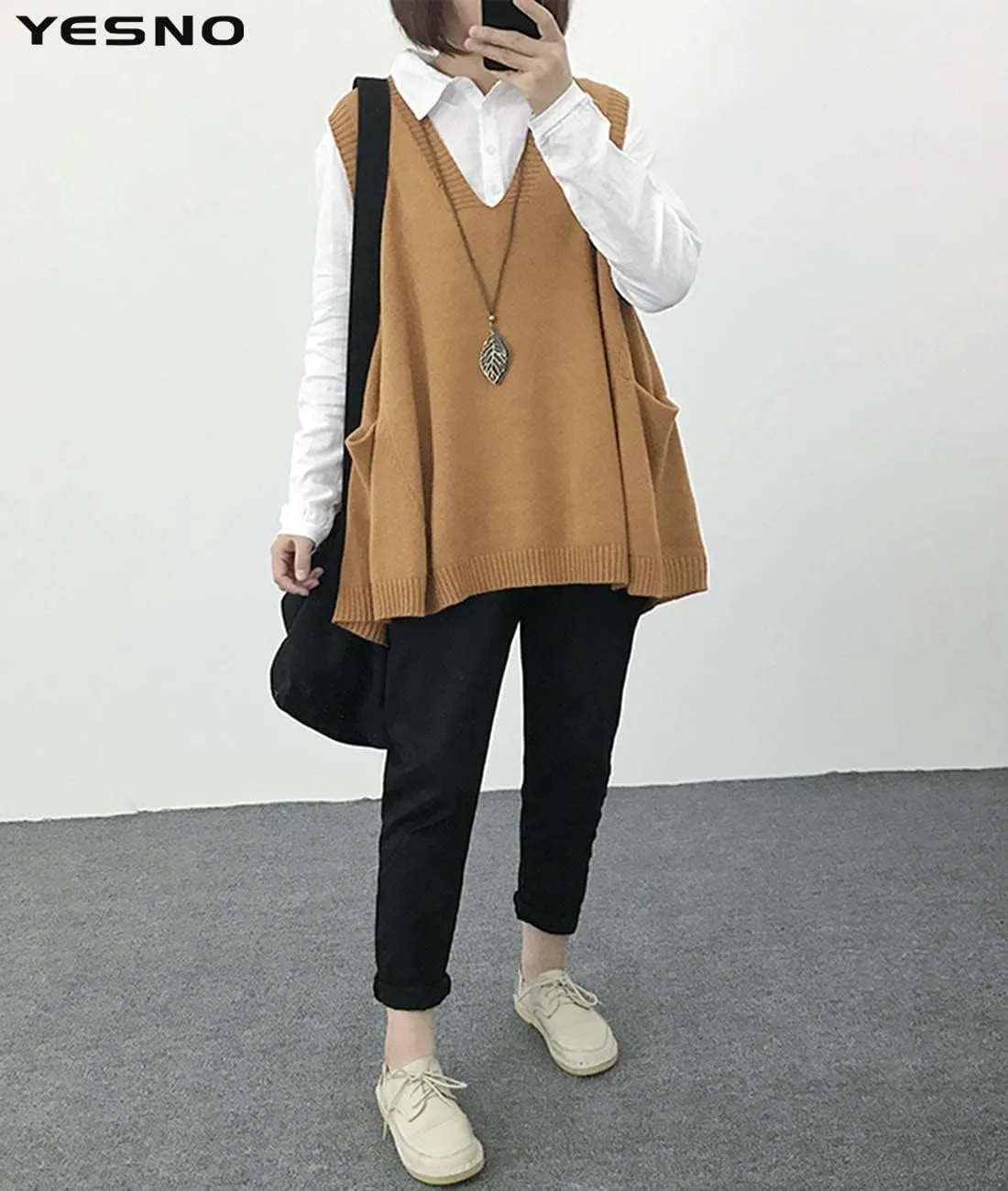 YESNO Sweater Vest Women Loose Swing Cotton Cute Oversized Knit Pullover Sleeveless Sweater Tops with Drop Pockets WM9