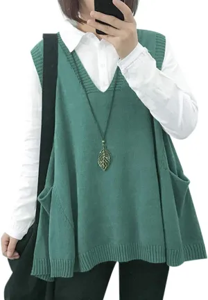 YESNO Sweater Vest Women Loose Swing Cotton Cute Oversized Knit Pullover Sleeveless Sweater Tops with Drop Pockets WM9