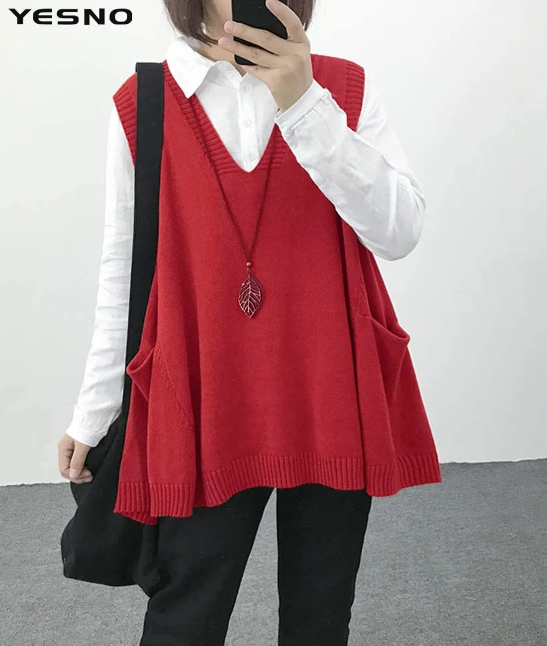 YESNO Sweater Vest Women Loose Swing Cotton Cute Oversized Knit Pullover Sleeveless Sweater Tops with Drop Pockets WM9