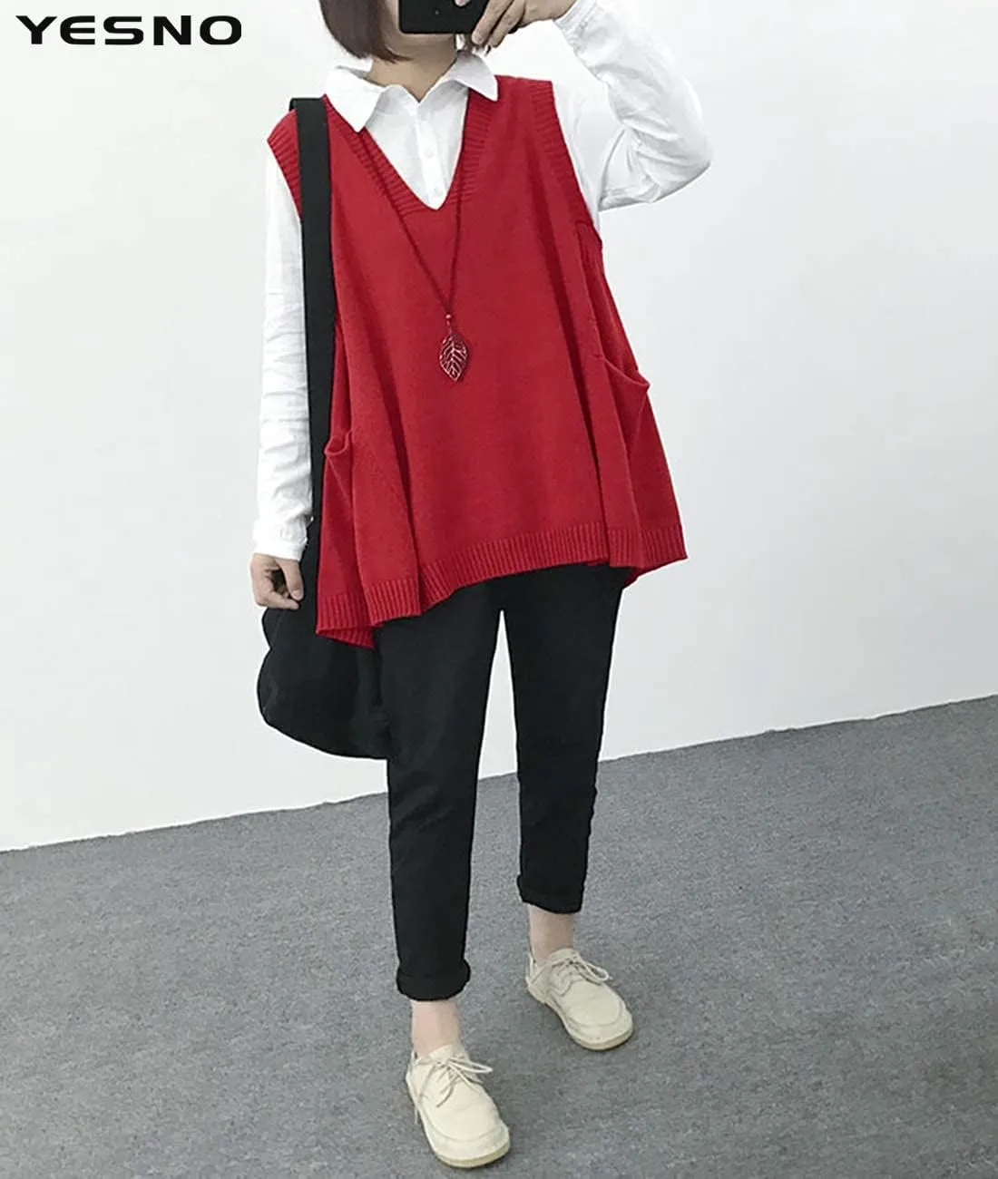 YESNO Sweater Vest Women Loose Swing Cotton Cute Oversized Knit Pullover Sleeveless Sweater Tops with Drop Pockets WM9