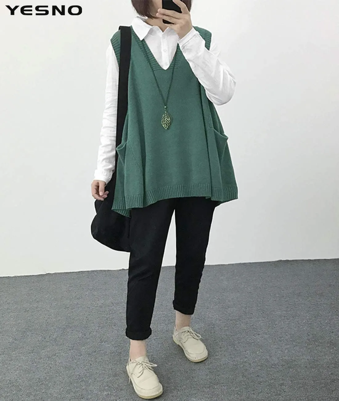 YESNO Sweater Vest Women Loose Swing Cotton Cute Oversized Knit Pullover Sleeveless Sweater Tops with Drop Pockets WM9