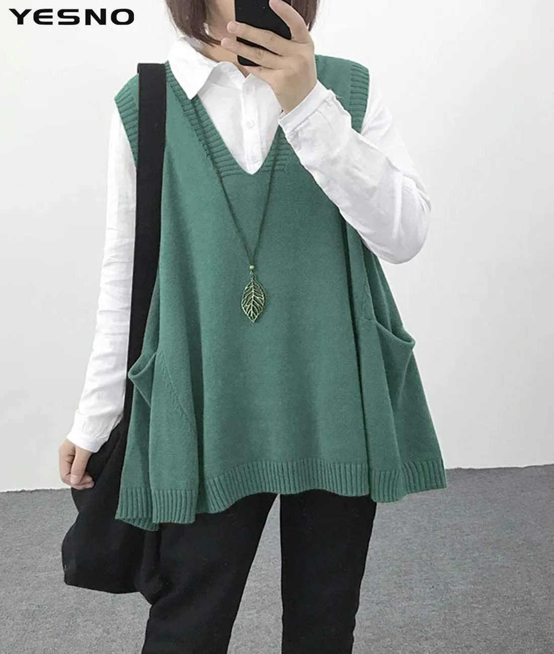 YESNO Sweater Vest Women Loose Swing Cotton Cute Oversized Knit Pullover Sleeveless Sweater Tops with Drop Pockets WM9