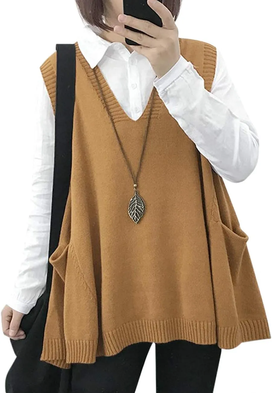 YESNO Sweater Vest Women Loose Swing Cotton Cute Oversized Knit Pullover Sleeveless Sweater Tops with Drop Pockets WM9