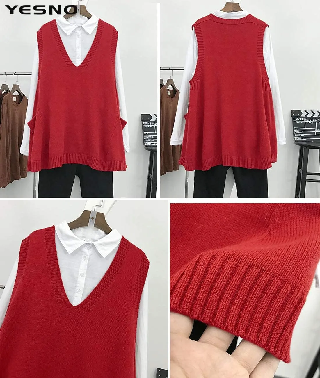 YESNO Sweater Vest Women Loose Swing Cotton Cute Oversized Knit Pullover Sleeveless Sweater Tops with Drop Pockets WM9