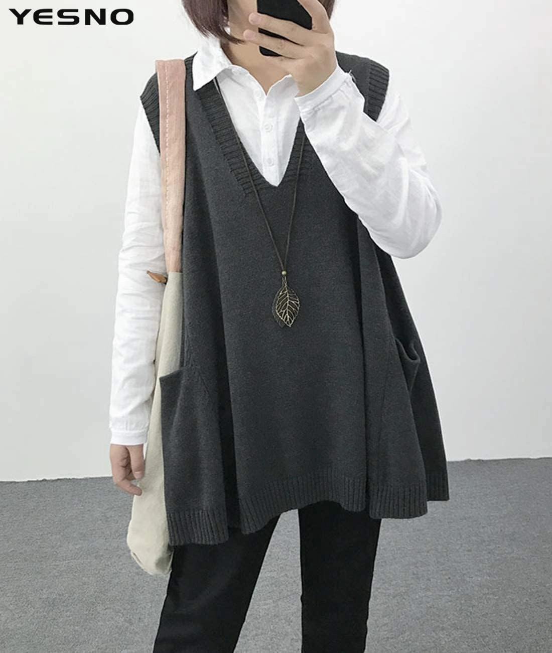 YESNO Sweater Vest Women Loose Swing Cotton Cute Oversized Knit Pullover Sleeveless Sweater Tops with Drop Pockets WM9