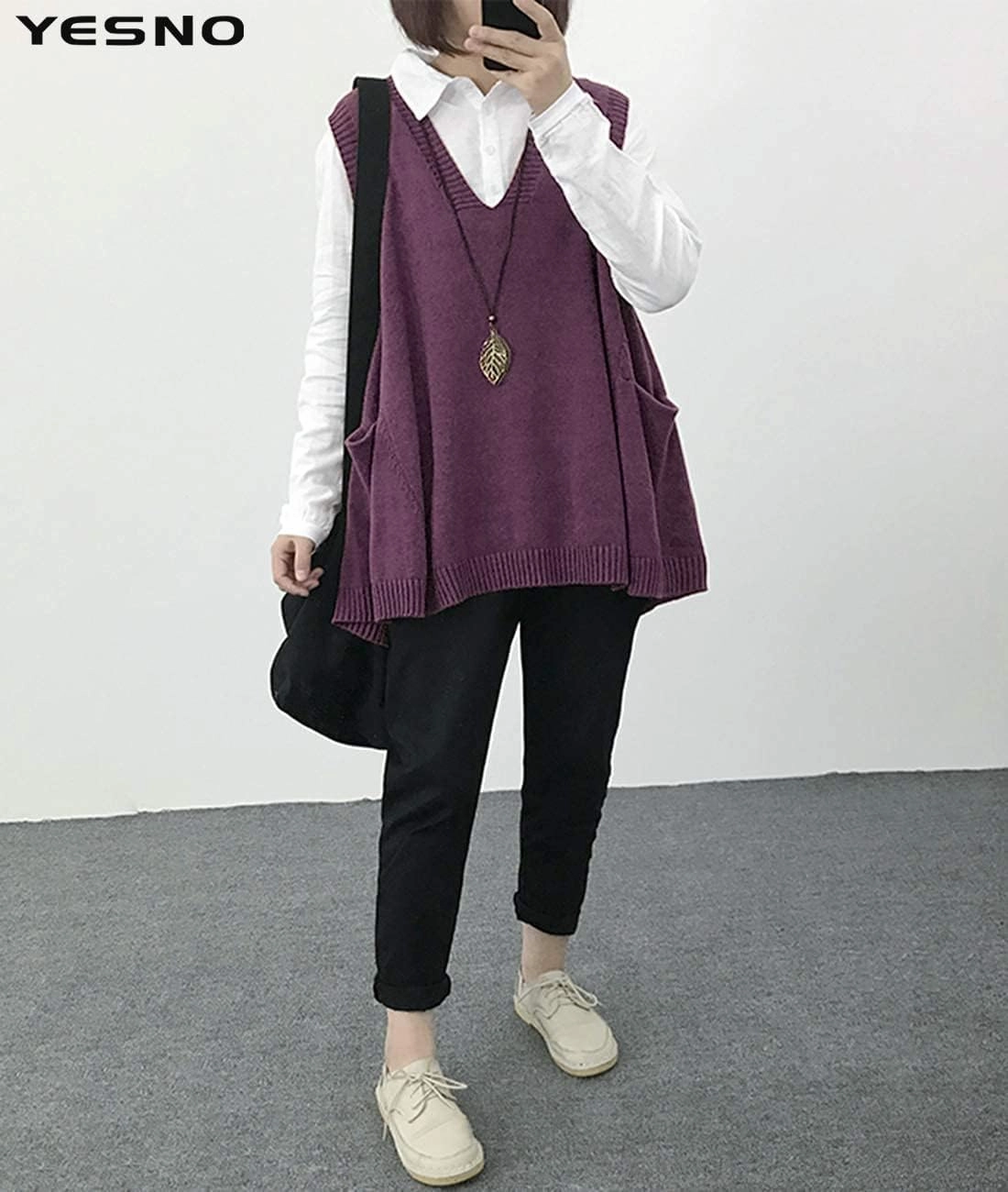 YESNO Sweater Vest Women Loose Swing Cotton Cute Oversized Knit Pullover Sleeveless Sweater Tops with Drop Pockets WM9