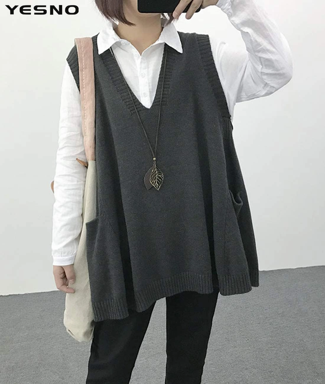 YESNO Sweater Vest Women Loose Swing Cotton Cute Oversized Knit Pullover Sleeveless Sweater Tops with Drop Pockets WM9