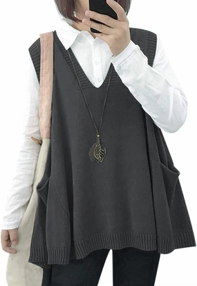 YESNO Sweater Vest Women Loose Swing Cotton Cute Oversized Knit Pullover Sleeveless Sweater Tops with Drop Pockets WM9