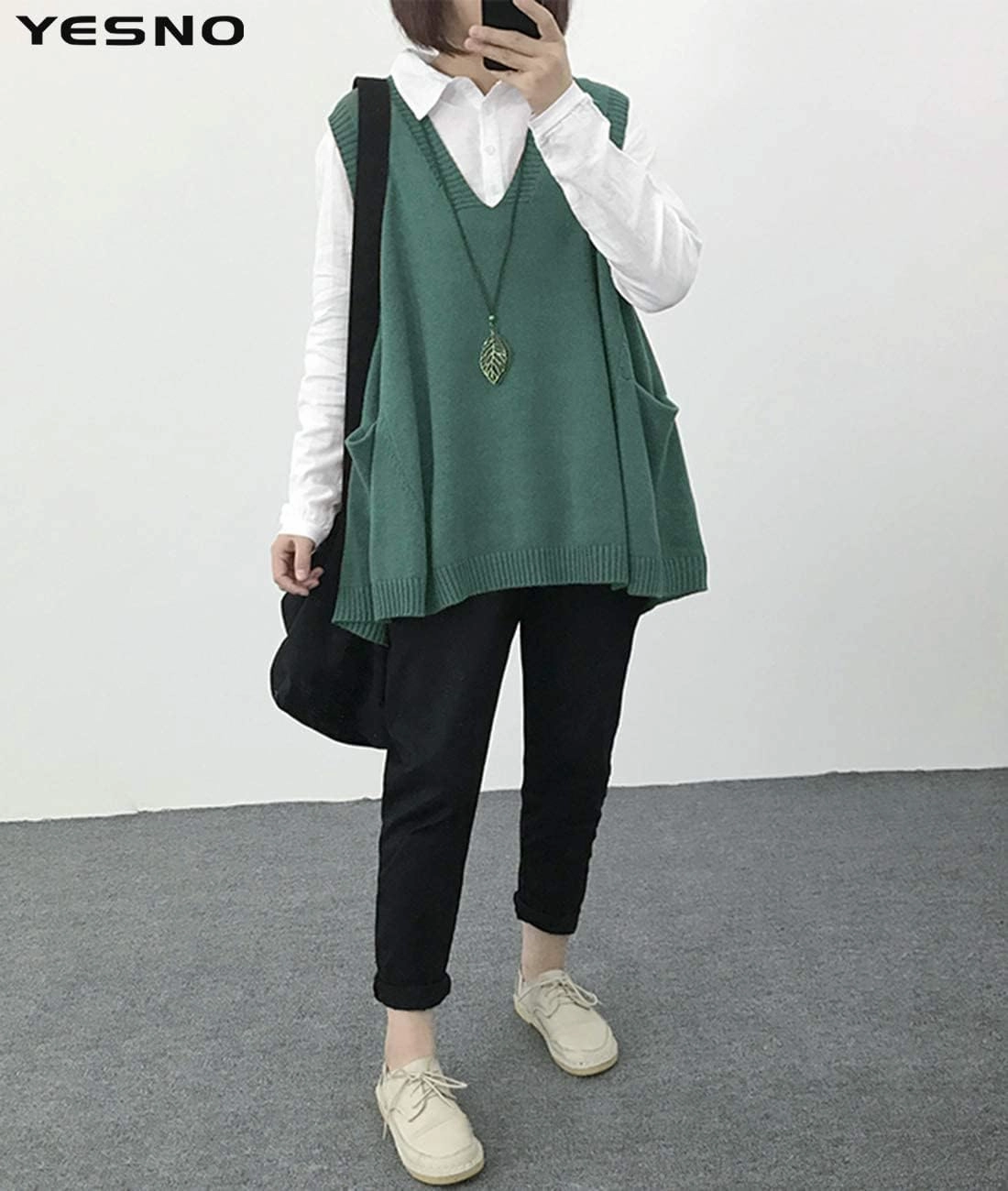 YESNO Sweater Vest Women Loose Swing Cotton Cute Oversized Knit Pullover Sleeveless Sweater Tops with Drop Pockets WM9