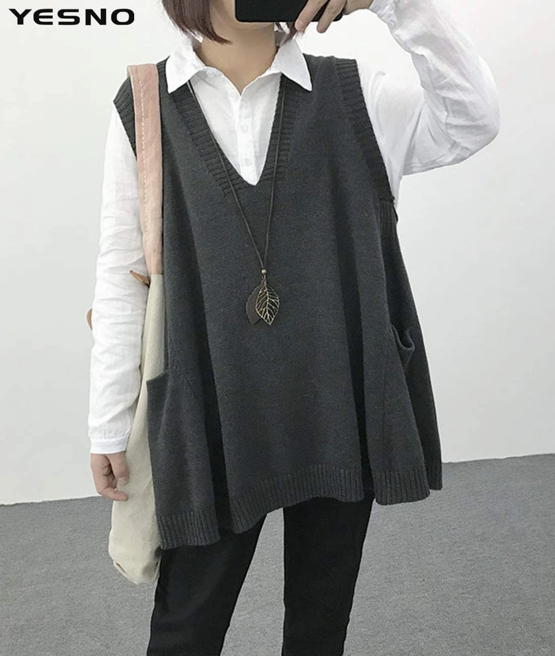 YESNO Sweater Vest Women Loose Swing Cotton Cute Oversized Knit Pullover Sleeveless Sweater Tops with Drop Pockets WM9