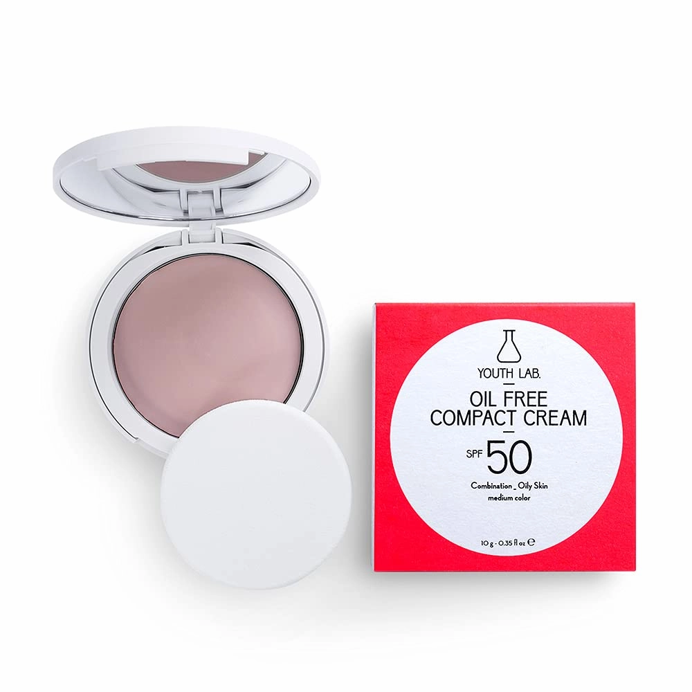 YOUTH LAB Oil Free Compact Cream for Combination and Oily Skin - Makeup Foundation for Face with SPF50 Sunscreen Protection- Facial Matte Finish Coverage Sun Block Cream with Sponge - Medium Color