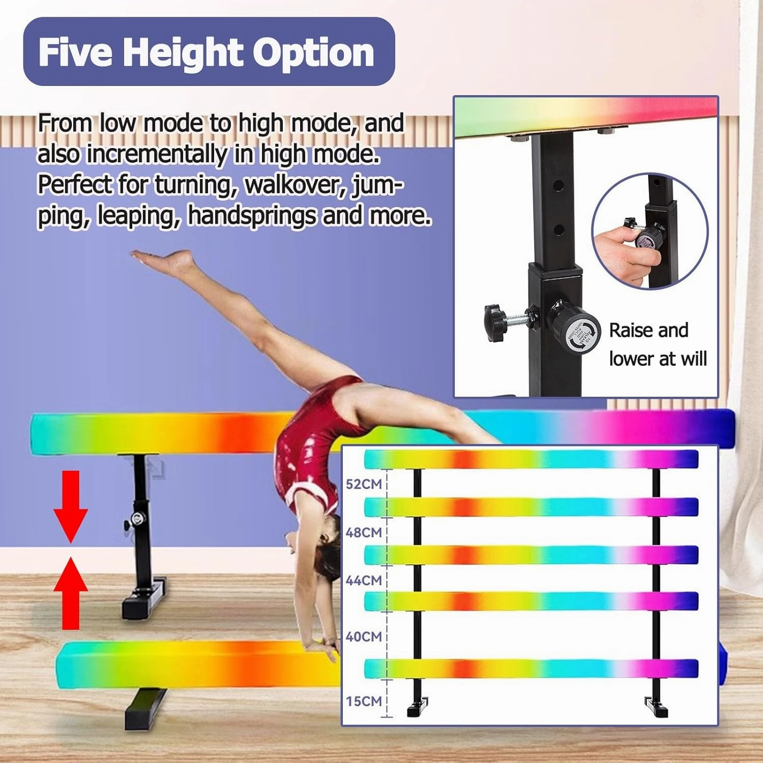 YXXSDP Adjustable Gymnastics Balance Beam, Professional Home Training Floor Beam/Gymnastics Equipment, High and Low Suede Cover Walking Beams, for School Gym Club(Rainbow,2.4m/7.9ft Long)