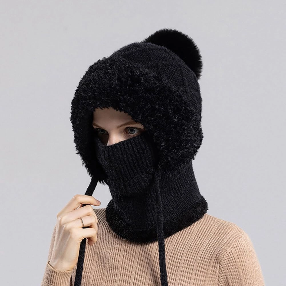 Zcargel Multifunction Balaclava Hat 53cm-58cm Women Winter Warm Earflap Cap Pompom Ear Protection Mask Neck All One Pullover