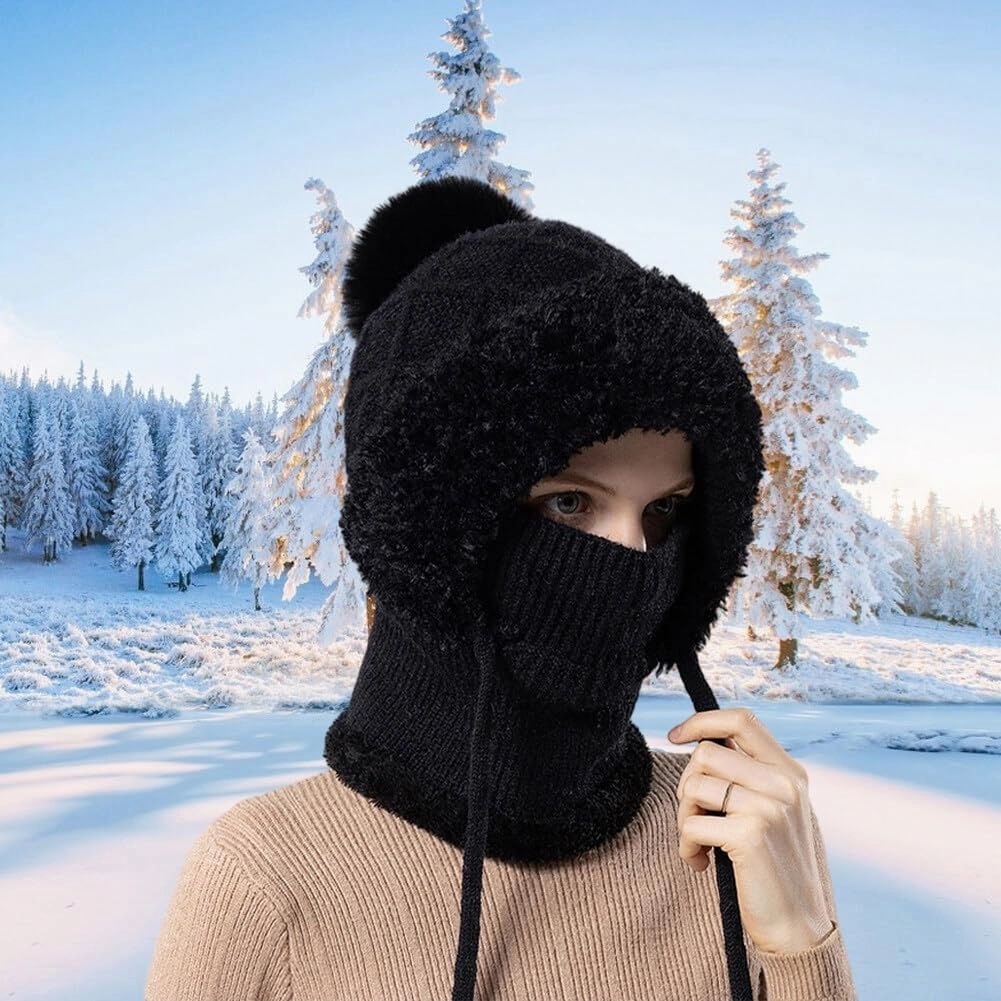 Zcargel Multifunction Balaclava Hat 53cm-58cm Women Winter Warm Earflap Cap Pompom Ear Protection Mask Neck All One Pullover