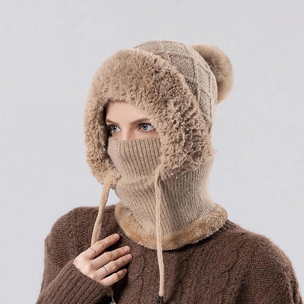 Zcargel Multifunction Balaclava Hat 53cm-58cm Women Winter Warm Earflap Cap Pompom Ear Protection Mask Neck All One Pullover