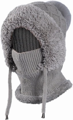 Zcargel Multifunction Balaclava Hat 53cm-58cm Women Winter Warm Earflap Cap Pompom Ear Protection Mask Neck All One Pullover
