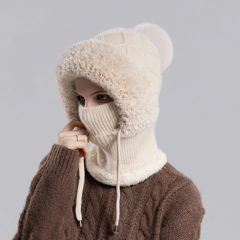 Zcargel Multifunction Balaclava Hat 53cm-58cm Women Winter Warm Earflap Cap Pompom Ear Protection Mask Neck All One Pullover
