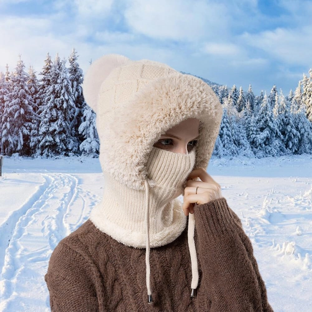 Zcargel Multifunction Balaclava Hat 53cm-58cm Women Winter Warm Earflap Cap Pompom Ear Protection Mask Neck All One Pullover