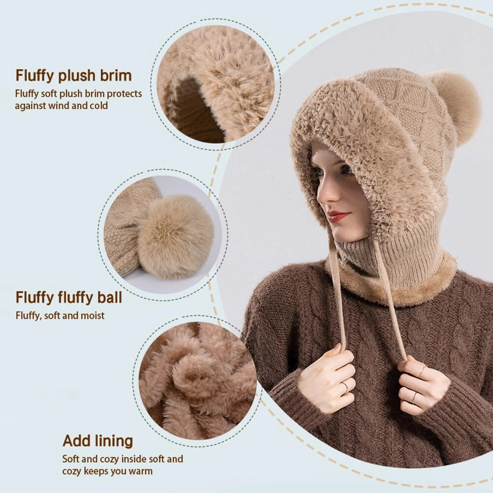 Zcargel Multifunction Balaclava Hat 53cm-58cm Women Winter Warm Earflap Cap Pompom Ear Protection Mask Neck All One Pullover