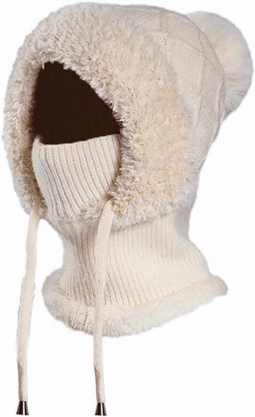 Zcargel Multifunction Balaclava Hat 53cm-58cm Women Winter Warm Earflap Cap Pompom Ear Protection Mask Neck All One Pullover
